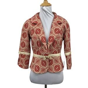 True Meaning Blazer Women XS Extra Small Red Cream Notch Collar Paisley Cropped